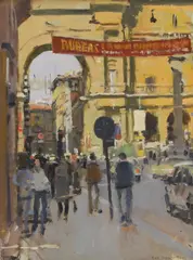 Untitled by Ken Howard, oil on board 42.5 x 33cm, sold Apr 2023