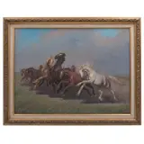 Firma No Identificada, Caballos galopando, 1985, Óleo sobre tela