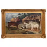 Beni Herang, Paisaje con caballos y gallo, Óleo sobre tela