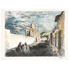 Escena de calle mexicana con dos hombres a caballo by Arturo Souto, Litografía intervenida con pastel sin número de tiraje, offered Aug 2021
