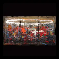 Jigger Cruz, Silent Waltz From the Ancient Atoms of Hell (Triptych), oil and spray paint on canvas
