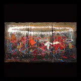 Jigger Cruz, Silent Waltz From the Ancient Atoms of Hell (Triptych), oil and spray paint on canvas