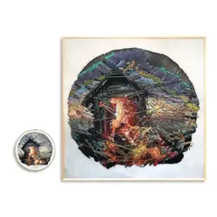 Abi Dionisio, a.) The Dance of The Golden Grasses
b.) The Dance of The Golden Grasses, b.) signed and dated 2024 (bottom)<br/> thread on linen in a wooden hoop<br/> D: 10" (25 cm)
