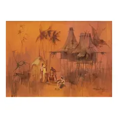 Romeo Tabuena, Pounding and Winnowing Rice, oil on board