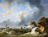 Petrus Johannes Schotel, Seerettung in stürmischer Bucht, Öl auf Leinwand