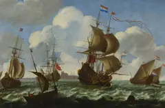 Aernout Smit, Marine. Zahlreiche holländische Fregatten vor der Küste, Öl auf Leinwand