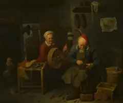 In der Schusterwerkstatt by David Ryckaert III, Öl auf Holz, sold May 2020