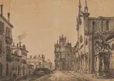 Venezianische Schule, Blick auf den Campo Santi Giovanni e Paolo mit dem Reiterstandbild des Feldherrn Bartolomeo Colleoni, Feder und braune Tinte, braune Aquarellfarbe, laviert auf beigem Papier