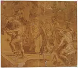 Girolamo Muziano, Errichtung eines Tempels, Feder, braune Tinte und Aqaurell, laviert und weiß gehöht auf Papier