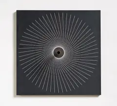 Interférence B by Jean-Pierre Yvaral, 1967, Kinetic relief sculpture, with screenprint in white on a painted black wooden panel, with metal tube and elasticated str, sold Mar 2023