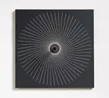Jean-Pierre Yvaral, Interférence B, 1967, Kinetic relief sculpture, with screenprint in white on a painted black wooden panel, with metal tube and elasticated string,