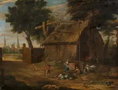 Gaspar de Witte, Holländisches Gehöft mit Brunnen vor den Toren einer Stadt, Öl auf Leinwand