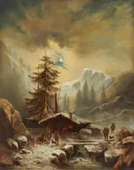 Münchner Schule, Jäger vor der winterlichen Jagdhütte, Öl auf Leinwand