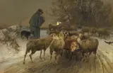 Heinrich von Zügel, Winterabend mit Hirten und seiner Herde am Waldrand