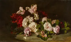 Philippe Rousseau, Stillleben von rosa Rosen und rotem gefüllten Mohn, Öl auf Leinwand