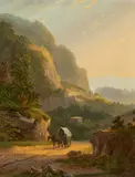 Marinus Adrianus Koekkoek, Gebirgslandschaft mit Planwagen, Öl auf Holz