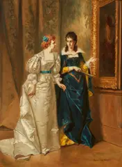 Władysław Bakałowicz, Zwei elegante Damen im Museum vor einem Gemälde, Öl auf Holz