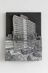 Martin Spengler, "Elbblick" (Sollbruch/R), 2021, Gesso, Grafit und farbiger Permanentmarker auf Wellpappenrelief
