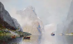 Georg Anton Rasmussen, Heller Tag im Fjord, Öl auf Leinwand