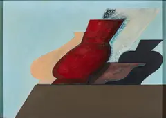 Stefan Wewerka, Stillleben mit Rot, 1974, Öl auf Holz, collagiert auf Holz