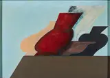 Stefan Wewerka, Stillleben mit Rot, 1974, Öl auf Holz, collagiert auf Holz