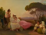 Johann Conrad Zeller, Abendgesellschaft auf einer Terrasse in Tivoli, Öl auf Leinwand