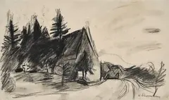 Hans Purrmann, Ohne Titel (Waldkirche), Kohle auf perforiertem Velin