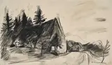 Hans Purrmann, Ohne Titel (Waldkirche), Kohle auf perforiertem Velin