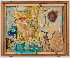 Dieter Roth, "O.-Konfektbild", Um 1970-75, Staniolverpackte Schokoladenfiguren und Kaltleim, gepresst auf Leinwand, mit Ölfarbe überarbeitet, in Objektkasten