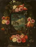 Jan d.J. Brueghel, Kartusche mit Ausblick auf eine Küstenlandschaft, eingerahmt von Blumengebinden, Öl auf Kupfer