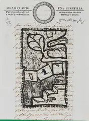 Sello cuarto una cuartilla by Pierre Alechinsky, 1993, Farbradierung auf Manuskriptseite aus dem 19. Jh, sold Sep 2021