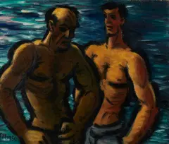 Jeune et vieux docker by Frans Masereel, 1956, Öl auf Sperrholz, sold Oct 2021