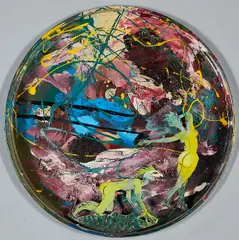 Horst Gläsker, "Palettenverwertung. Mann spürt Frau auf", 1982/83, Öl auf Kartonschnitt über metallener Malerpalette