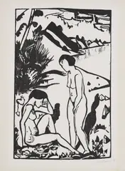 Am Strand by Erich Heckel, 1923, Holzschnitt auf Japan, sold Feb 2022
