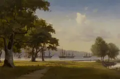 Anton Melbye, Vor Anker liegende Flotte in einer Meeresbucht, Öl auf Leinwand