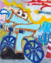 Waiting For My Friends by Diego, 2020, oil, acrylic, aerosol and oil choke on canvas, sold Aug 2024