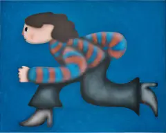 Running From A Dinosaur by Felix Treadwell, 2021, acrylic and pencil on canvas, sold Aug 2024
