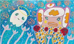 Adam Handler, Little Stinker Girl and Ghost Buddy on Moonlight Walk, 2020, acrylic and oil stick on canvas