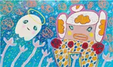 Adam Handler, Little Stinker Girl and Ghost Buddy on Moonlight Walk, 2020, acrylic and oil stick on canvas