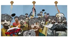 Jitish Kallat, Baggage Claim, 2010, acrylic on canvas and bronze, triptych