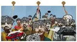 Jitish Kallat, Baggage Claim, 2010, acrylic on canvas and bronze, triptych