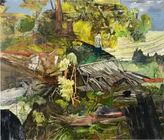 Hernan Bas, The hillsides must not know it, 2011, acrylic airbrush and block print on linen