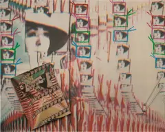 Ingrid Bergman by Nam June Paik, 1989, ink, oil and computer controlled airbrush and collage on canvas, 2 antennas, 2 in. TV, sold Mar 2023