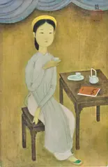 Mai Trung Thu, Jeune femme buvant le thé, le livre "Phụ Nữ" (Femmes) posé sur la table (A young woman drinking tea, the book "Phụ Nữ" (Women) placed on the table), 1953, gouache on silk