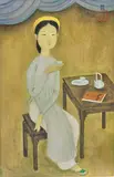 Mai Trung Thu, Jeune femme buvant le thé, le livre "Phụ Nữ" (Femmes) posé sur la table (A young woman drinking tea, the book "Phụ Nữ" (Women) placed on the table)