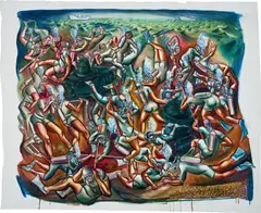 Nicole Eisenman, Battle of the Rival Divers, 1996, ink on gessoed paper