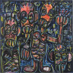 Untitled by Aboudia, 2021, acrylic and collage on canvas, sold Mar 2023