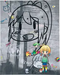 Living With This Town by Mr., 2018, acrylic and silkscreen print on canvas, offered Mar 2023