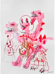 Robert Nava, Pink Dragon with Clown, 2020, acrylic, crayon, and grease pencil on paper
