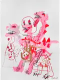 Robert Nava, Pink Dragon with Clown, 2020, acrylic, crayon, and grease pencil on paper